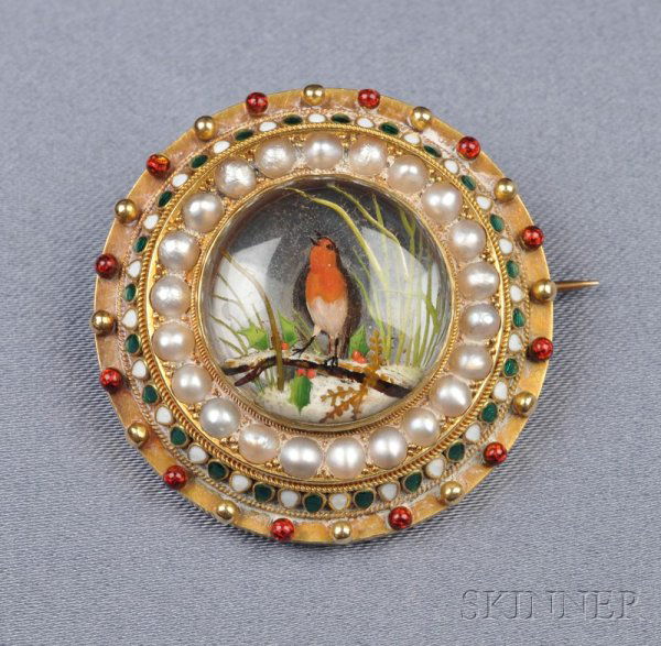 Antique Reverse Crystal, Enamel and Seed Pearl Bro: Antique Reverse Crystal, Enamel and Seed Pearl Brooch, designed as a robin singing on a holly branch, framed by seed pearls and polychrome enamel, applied wirework and bead accents, 14kt gold mount, d