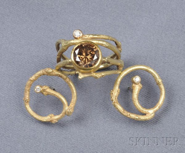 18kt Gold, Colored Diamond, and Diamond "Twig" Rin: 18kt Gold, Colored Diamond, and Diamond "Twig" Ring and Earrings, Sam Shaw, Northeast Harbor, Maine, the ring set with a full-cut cognac diamond weighing 2.24 cts., single-cut diamond melee accent, "T