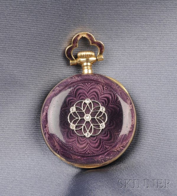 Edwardian 18kt Gold and Diamond Open Face Pendant: Edwardian 18kt Gold and Diamond Open Face Pendant Watch, Longines, the goldtone metal dial with Arabic numeral indicators and subsidiary seconds dial, enclosing 15-jewel movement, in a purple guilloch
