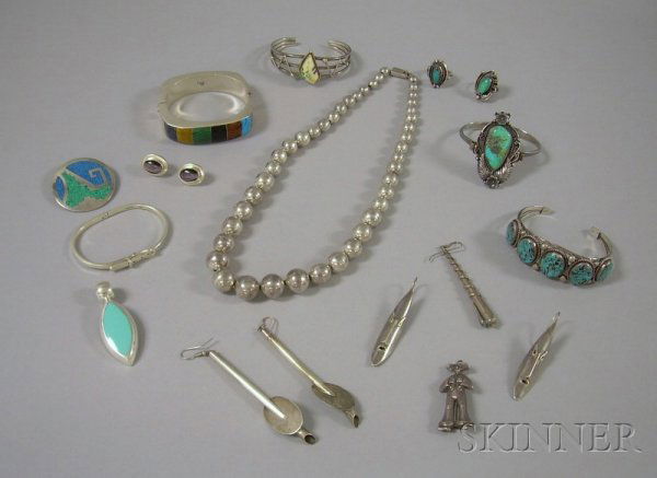 Group of Silver and Sterling Silver Jewelry, inclu: Group of Silver and Sterling Silver Jewelry, including a Mexican sterling bead necklace, a Mexican sterling and turquoise pendant, two Mexican sterling bangle bracelets, a pair of Mexican sterling and