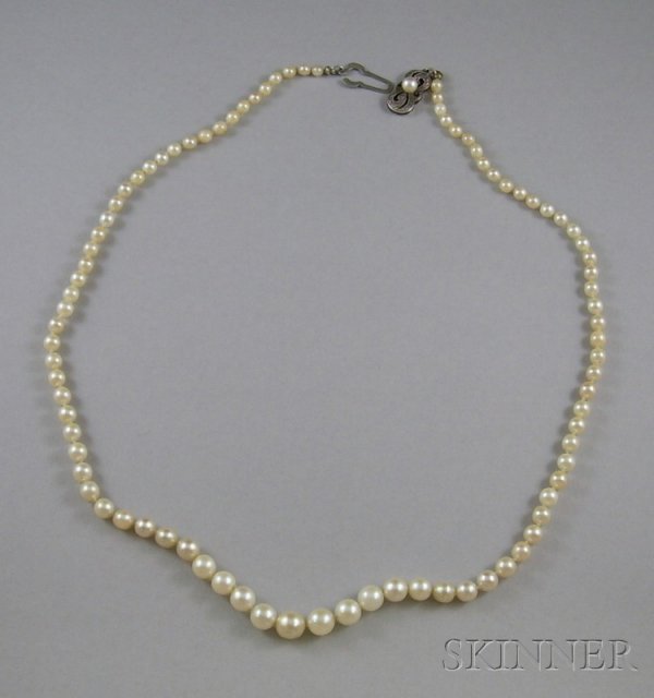 Single-strand Cultured Pearl Necklace, clasp beari: Single-strand Cultured Pearl Necklace, clasp bearing Mikimoto hallmark, lg. 17 1/2 in.
