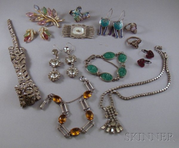 Small Group of Assorted Art Deco to Modern Costum: Small Group of Assorted Art Deco to Modern Costume, makers include Pastelli, Enco, BSK, etc., including two sterling silver rings and assorted paste-inset costume jewelry.