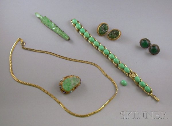 Small Group of Jadeite and Green Hardstone Jewelry: Small Group of Jadeite and Green Hardstone Jewelry, including a pair of carved jadeite earrings, a sterling silver and carved jadeite brooch, and a Trifari hardstone bracelet, together with an additio