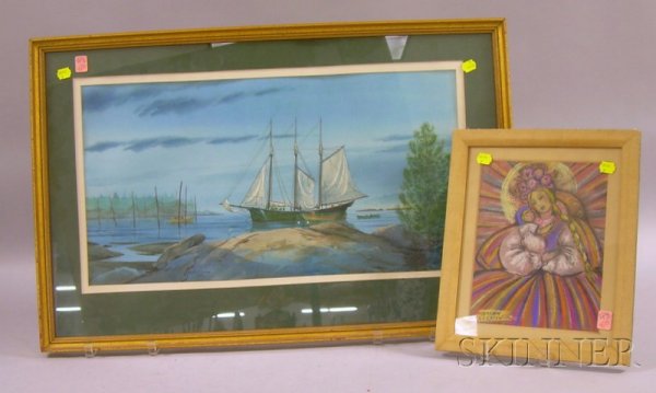 Two Framed Works on Paper, an Earle G. Barlow, 198: Two Framed Works on Paper, an Earle G. Barlow, 1989, watercolor depicting a cove with sailing ship and fishermen, and an Irena Lorentowicz pastel depicting the Madonna and child.