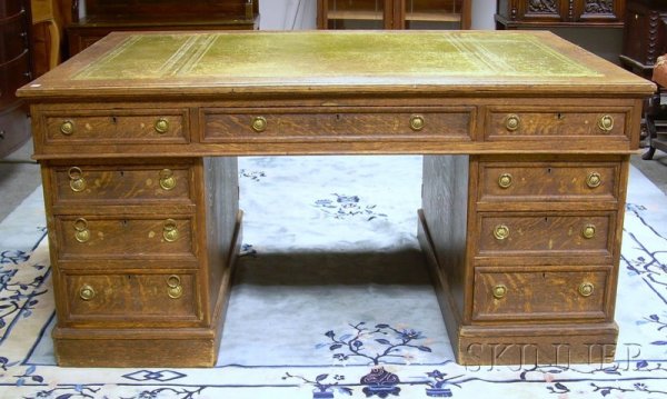 British Oak Double-pedestal Partners Desk with Too: British Oak Double-pedestal Partners Desk with Tooled Leather-inset Writing Surface, (old refinish, wear, imperfections), ht. 30, lg. 60, wd. 41 1/2 in.
