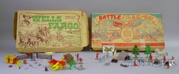 Marx Tales of Wells Fargo Set and Marx Battle of t: Marx Tales of Wells Fargo Set and Marx Battle of the Blue and Gray Set, plastic figures and structures, original boxes, (complete unknown).