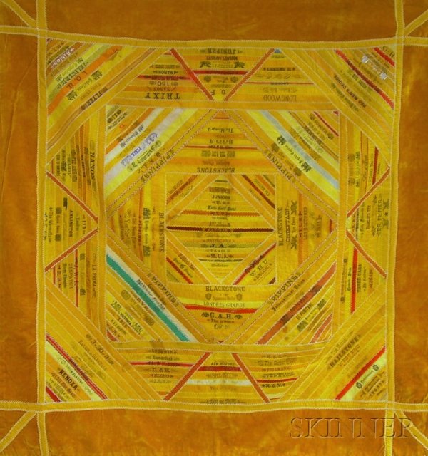 Late Victorian Pieced and Embroidered Printed Silk: Late Victorian Pieced and Embroidered Printed Silk Cigar Ribbon Table Cover, with gold velvet border, 46 1/4 x 44 1/2 in.