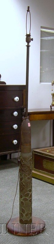 WWI Era Trench Art Rose Decorated Brass Artillery: WWI Era Trench Art Rose Decorated Brass Artillery Shell/Floor Lamp, shell lg. 31 1/4 in.