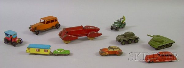 Nine Assorted Small Painted Metal Toy Cars and Mil: Nine Assorted Small Painted Metal Toy Cars and Military Vehicles, a Tootsietoy sedan, Japanese friction sedan with trailer, spring-powered Model-T, a steel roadster, two sedans, Dinky tank, assault ca