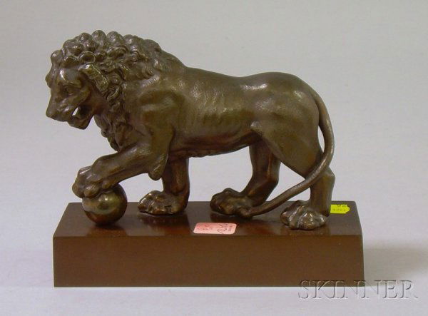 Patinated Cast Metal Lion Figure, ht. 6 1/8, lg. 7: Patinated Cast Metal Lion Figure, ht. 6 1/8, lg. 7 1/2 in.