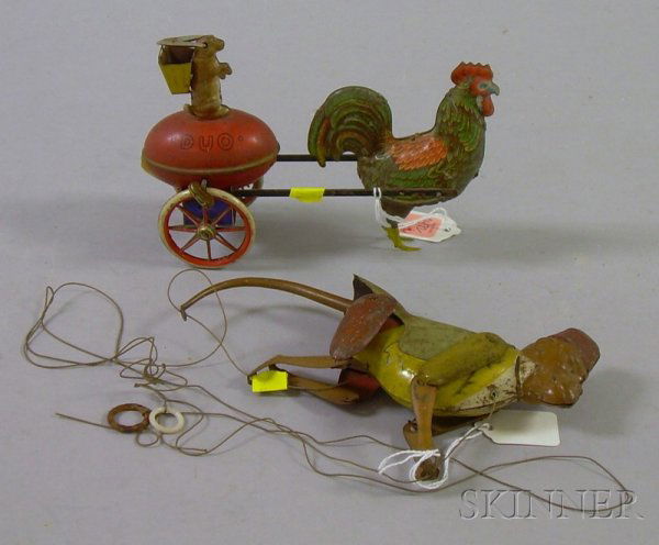Lehmann Lithographed Tin Wind-up Rooster and Rabb: Lehmann Lithographed Tin Wind-up Rooster and Rabbit "Duo" Cart and a Painted Tin Climbing Monkey Pull Toy, (cart appears to wind).