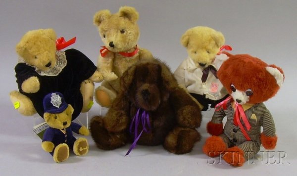 Six Assorted Teddy Bears, including an articulate: Six Assorted Teddy Bears, including an articulated wind-up musical, a mink, a talking, two North American, and a Harrods.