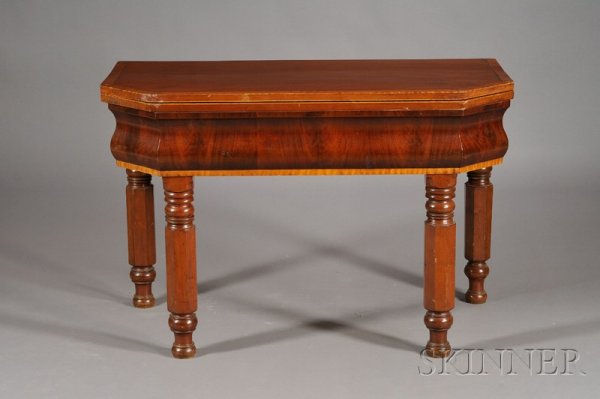 Classical Mahogany Veneer and Maple Supper Table,: Classical Mahogany Veneer and Maple Supper Table, rectangular top with canted corners and polished interior above an ogee frieze and faceted circular legs, ht. 29, lg. 44, dp. 22 in.