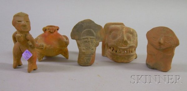 Five Pre-Columbian Pottery Items, three figures,: Five Pre-Columbian Pottery Items, three figures, ht. to 6 in., a tri-footed, double-handled pot with bird and human elements, and a fragment of a face with open mouth showing teeth, ht. 4 in.
