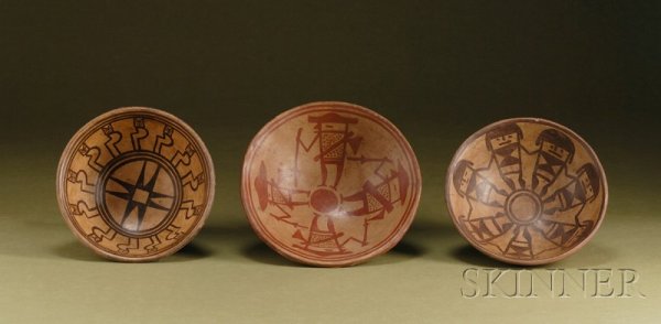 Three Pre-Columbian Painted Pottery Bowls, Colombia: Three Pre-Columbian Painted Pottery Bowls, Colombia, Narino, c. 800-1200 A.D., pedestal forms, all painted on the inside, one with a row of abstract feline forms, one with dancers holding hands, and o