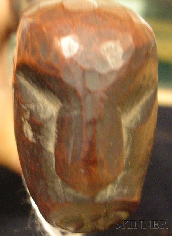 Maori Carved Wood Billhook Hand Club, New Zealand,: Maori Carved Wood Billhook Hand Club, New Zealand, 19th century, the curved blade with deeply carved scroll designs and recumbent bird-head figure on the inside, the handle with grotesque mask finial,