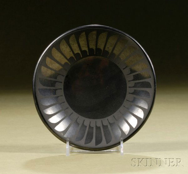 Southwest Black-on-Black Pottery Plate, San Ildefo: Southwest Black-on-Black Pottery Plate, San Ildefonso, Maria and Santana, classic feather pattern, dia. 5 3/4 in.