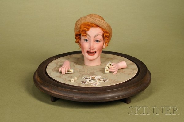 Bisque Mephistopheles Automaton Head and Arms Unde: Bisque Mephistopheles Automaton Head and Arms Under Dome, France, c. 1880, highly colored and molded character bisque flange head of a devilish man with blue paperweight eyes, open mouth with tongue, 