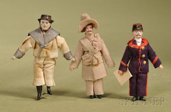 Three Small Papier-mache and Wood Gentlemen, Germa: Three Small Papier-mache and Wood Gentlemen, Germany, c. 1890, three molded papier-mache heads with jointed wood bodies, two with molded hats, ht. 3 in., (very good).