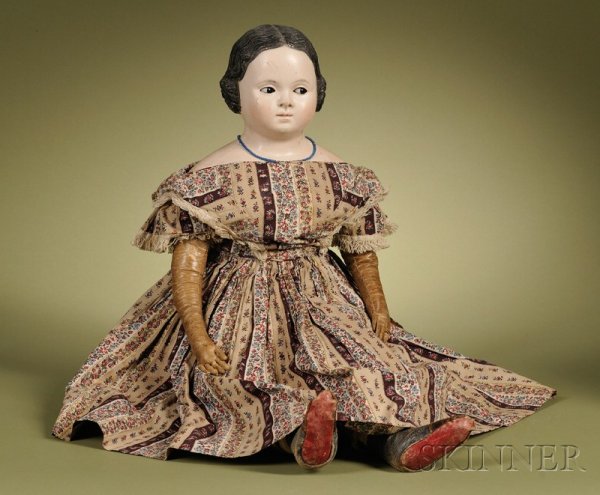 Papier-mache Child with Flirty Eyes, Germany, c. 1: Papier-mache Child with Flirty Eyes, Germany, c. 1850, papier-mache shoulder head, center part hairstyle with short sausage curls, rare black pupil-less glass flirty eyes, painted brows and lashes, cl
