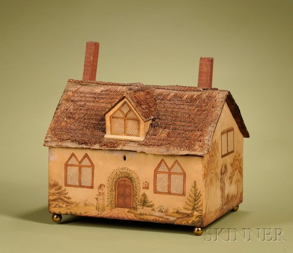English Cottage-Form Painted Desk Box, late 19th/e: English Cottage-Form Painted Desk Box, late 19th/early 20th century, wood applied with painted paper, the roof mounted with straw thatching, each side with one dormer, one side with two chimneys, the