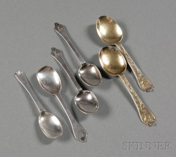 Six Early English Small Silver Spoons, London, a Cha