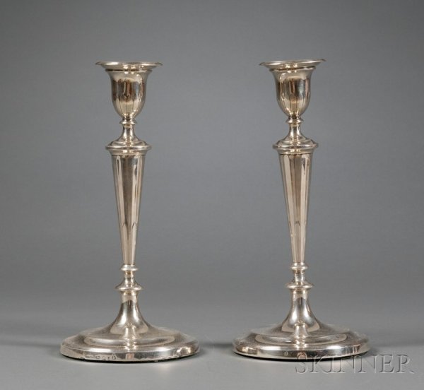 Pair of George III Weighted Silver Candlesticks, Sh: Pair of George III Weighted Silver Candlesticks, Sheffield, 1815, John Parsons & Co., makers, tulip sconces with leaftip, tapered nozzles with light fluting and further leaftip, round base with reeded