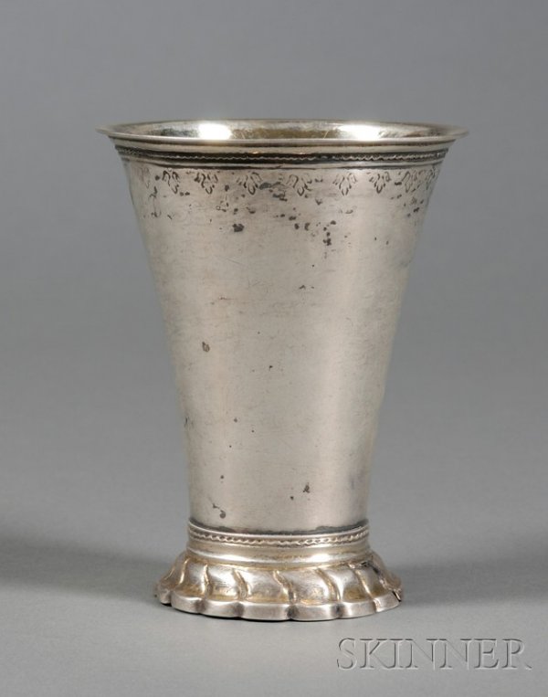 Swedish Parcel-gilt Silver Beaker, 18th century, po: Swedish Parcel-gilt Silver Beaker, 18th century, possibly Harnosand, maker's mark HW or MH, tapered cylindrical, with goldwashed rim and vertically lobed foot, engraved at rim with leaftip, monogramme