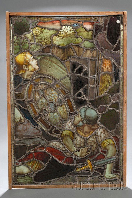 Large Leaded Stained Glass Window Fragment, late 1: Large Leaded Stained Glass Window Fragment, late 19th century, depicting two Roman warriors to lower left, one recumbent, the other crouched beside him, each gazing upward to a partial figure to upper