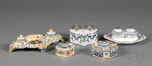 Five French Faience Inkpots, France, 19th and 20th: Five French Faience Inkpots, France, 19th and 20th century, each polychrome enamel decorated with flowers and foliage, a heart-shape with pewter covers and two pen holes, lg. 5 1/4 in.; two octagonal