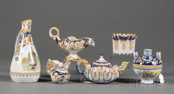 Six French Faience Items, France, late 19th centur: Six French Faience Items, France, late 19th century, each polychrome enamel decorated and with floral and foliate designs, a teardrop shaped pitcher, portrait of a lady farmer, signed Royat, ht. 9 1/2