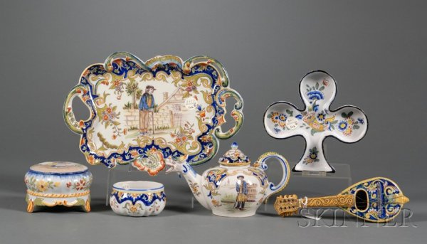 Six French Faience Items, France, 19th century, ea: Six French Faience Items, France, 19th century, each polychrome enamel decorated, two signed Rouen, an elongated tray with pierced handles, traveler in a landscape, lg. 12 1/4 in.; and a lyre-shaped o