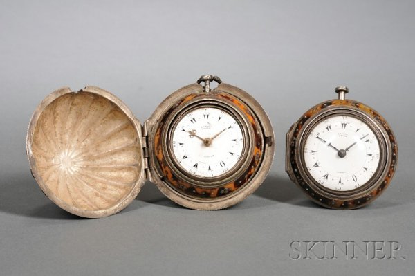 Two English Moorish Market Shell and Silver-cased : Two English Moorish Market Shell and Silver-cased Pocket Watches, late 18th century, London, one with movement by Edward Prior, in silver plated body, sent into Turkish hallmarked inner case, tortoise
