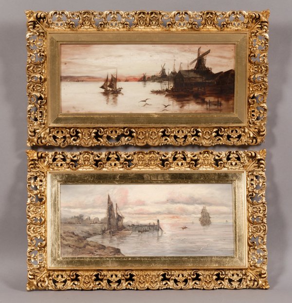 Continental School, 19th Century, Two Harbor Views: Continental School, 19th Century Two Harbor Views One signed and dated "M. Laughlin 1893" l.l., one signed and dated "M Laughlin 1889" l.r. Oil on board, 7 1/4 x 17 3/4 in. (18.4 x 45.1 cm), framed. C