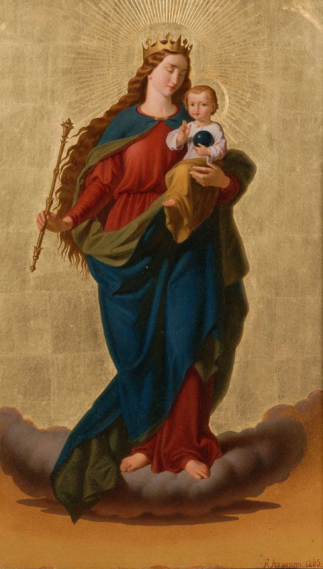 Ferdinand Axmann (Austrian, 1838-1910), Madonna an: Ferdinand Axmann (Austrian, 1838-1910) Madonna and Child Signed and dated "F. Axmann 1865." l.r., inscribed in pencil on the back of the fram e. Gilding and oil on panel (with carving), 20 x 12 in. (5