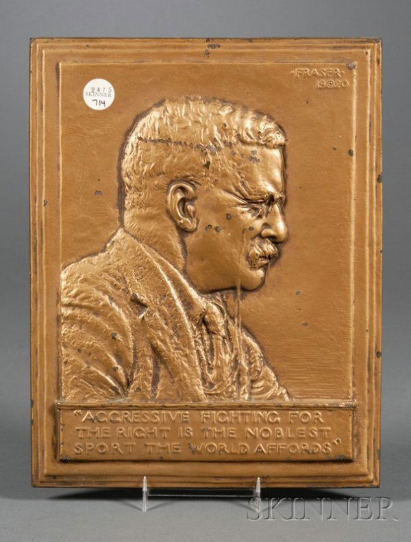 Teddy Roosevelt Bronzed Iron Bas Relief Plaque, Am: Teddy Roosevelt Bronzed Iron Bas Relief Plaque, America, c. 1920, designed by James Earl Fraser, rectangular format with portrait above the verse "Aggressive Fighting for the Right is the Noblest Spor