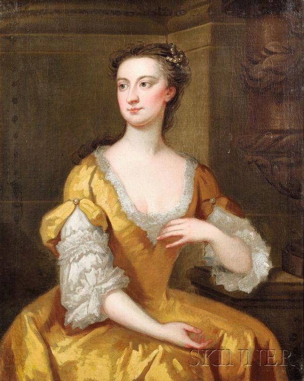 British School, 18th Century Style, Portrait of a: British School, 18th Century Style Portrait of a Seated Lady in a Yellow Dress Unsigned. Oil on canvas, 40 x 32 in. (101.6 x 81.3 cm), framed. Condition: Lined, retouch, craquelure.