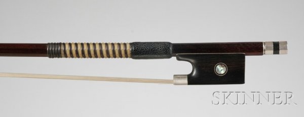 Silver Mounted Violin Bow, Probably C. Heinrich Kno: Silver Mounted Violin Bow, Probably C. Heinrich Knopf for Otto Bausch, the round stick stamped L BAUSCH LEIPZIG at the butt, the ebony frog (probably later) with parisian eye, the silver and ebony adj