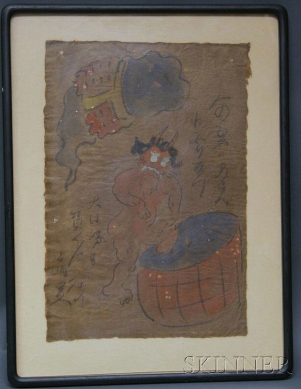 Japanese Painting, 20th century, ink and colors on: Japanese Painting, 20th century, ink and colors on paper, otsu-e of a demon climbing into a tub, 17 x 12 in., framed and glazed.