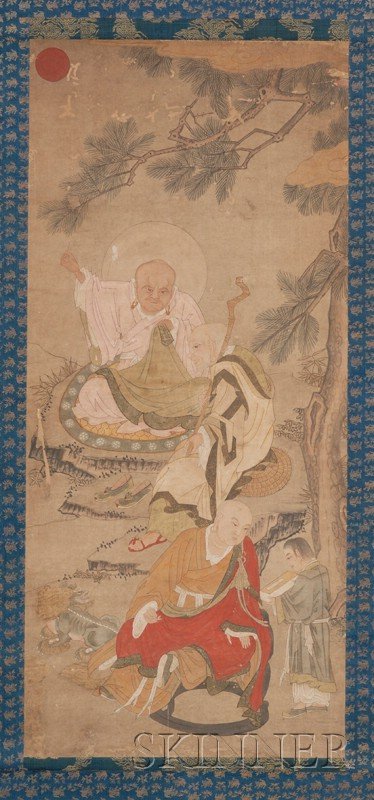 Hanging Scroll, Japan, 19th century, ink and color: Hanging Scroll, Japan, 19th century, ink and colors on paper, scene of three Buddhist rakan and an acolyte, brocade mounts, ivory pulls, 40 1/4 in.