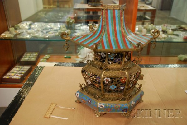 Champleve Enameled Lantern, Japan, late 19th/early: Champleve Enameled Lantern, Japan, late 19th/early 20th century, temple shaped, with floral decoration, (loss), ht. 16 in.