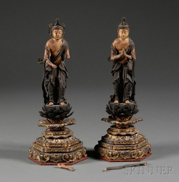 Pair of Carved Wood Figures, Japan, 19th century, : Pair of Carved Wood Figures, Japan, 19th century, Buddhist angels on lotus thrones, ht. 10 3/4 in.
