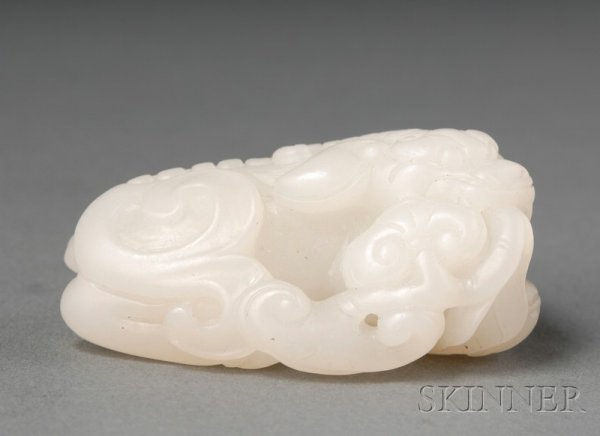 Jade Carving, stone of a grayish-white color, carv: Jade Carving, stone of a grayish-white color, carving of a foo dog with ling chih, lg. 2 1/4 in.
