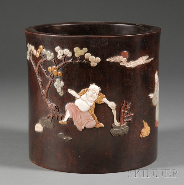 Brush Pot, China, hardwood inlaid in soapstone wit: Brush Pot, China, hardwood inlaid in soapstone with a scene of Li Po beneath a pine tree, ht. 9, dia. 9 in.