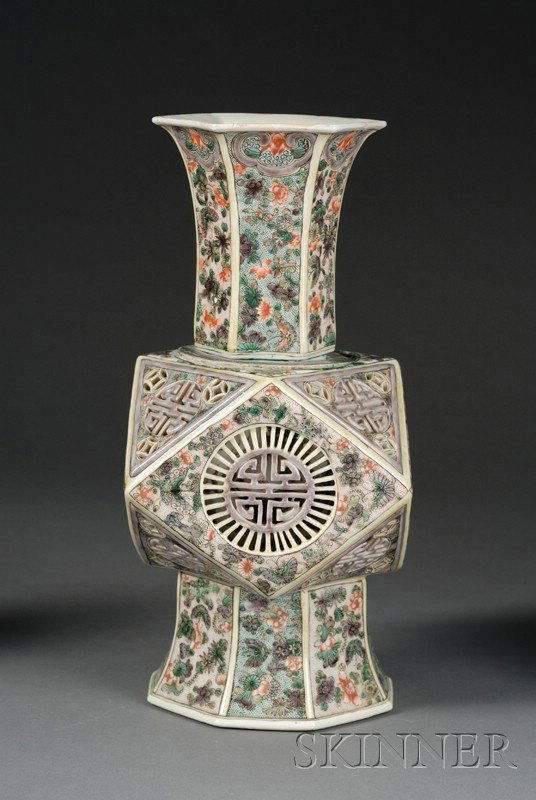Porcelain Vase, China, 19th century, faceted form: Porcelain Vase, China, 19th century, faceted form with revolving elements (kuei kung), famille verte decoration of flowers, Shou characters, and cash coins, ht. 14 1/4 in.