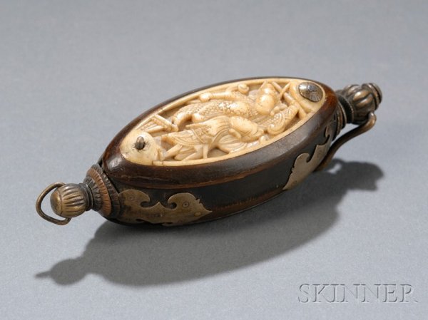 Oval Hanging Box, China, 18th/19th, ivory, horn, b: Oval Hanging Box, China, 18th/19th, ivory, horn, brass, and copper, sides inset with ivory plaques carved with warriors, lg. 4 1/4 in.