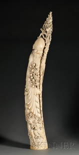 Large Ivory Carving, China, 19th century, figure o: Large Ivory Carving, China, 19th century, figure of Shao Lao with a child and a deer, holding a branch of peaches and a staff, ht. 47 in.