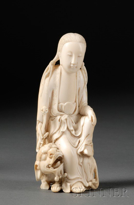 Ivory Carving, China, 19th century, seated figure : Ivory Carving, China, 19th century, seated figure of Manjushri holding a scepter with the iconic lion, ht. 5 in.