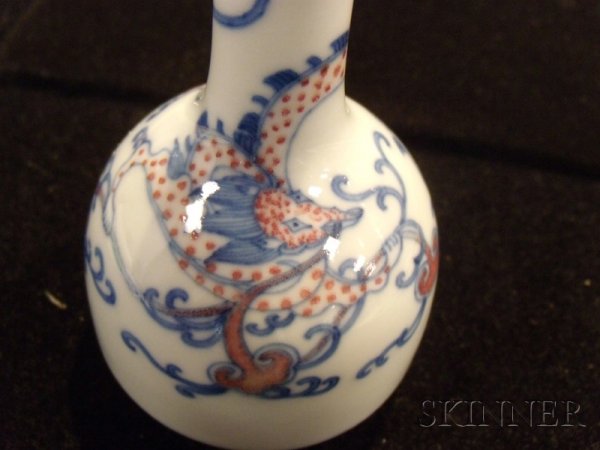 Porcelain Vase, China, Ch'ia Ch'ing mark (1795-182: Porcelain Vase, China, Ch'ia Ch'ing mark (1795-1820) and of the period, mallet shaped with decoration of dragons and ling chih in underglaze red and blue, ht. 4 1/4 in.