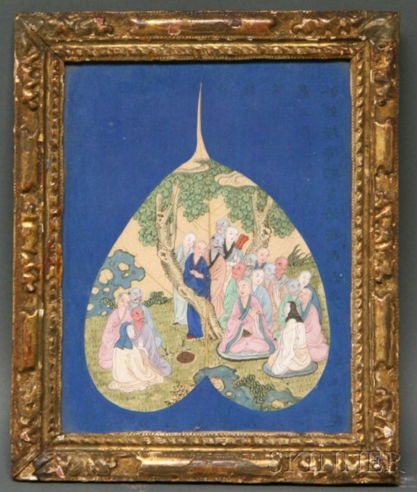 Painted Leaf, China, 19th century, ink and colors,: Painted Leaf, China, 19th century, ink and colors, scene of a gathering of Buddhist priests, 7 x 5 3/4 in., framed and glazed.